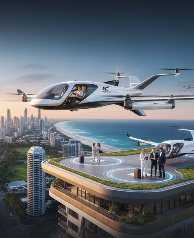 Concept eVTOL aircraft over Sydney skyline